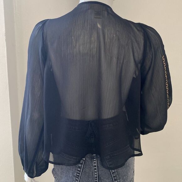 Band of Gypsies Black Sheer Gold Embroidered Tie Neck Long Slv Peasant Top Boho - Picture 5 of 7